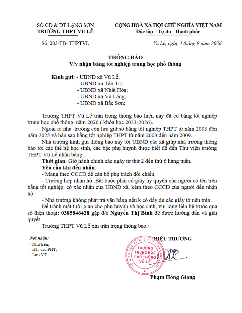THÔNG BÁO NHẬN BẰNG TỐT NGHIỆP THPT